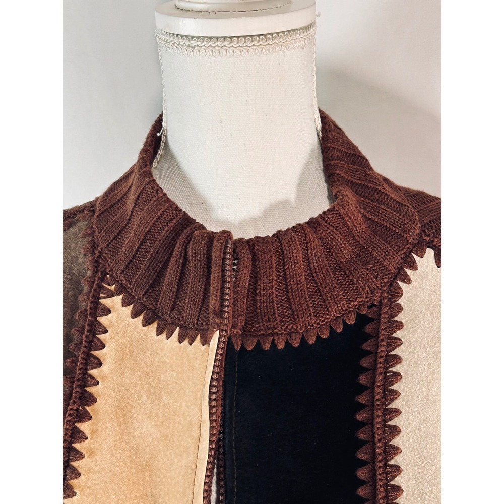 Vintage Patchwork Suede Knit Full Zip Jacket Brown Tan Mock Neck Boho Large - Picture 2 of 11